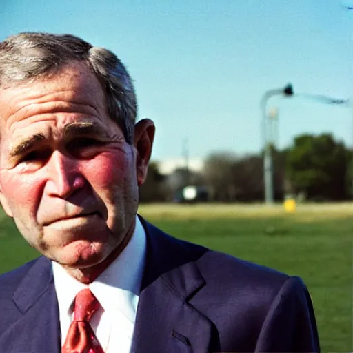 Prompt: George W. Bush sorrowfully beholds a single pretzel. Sincere regret, loss, disappointment, and shame. CineStill.