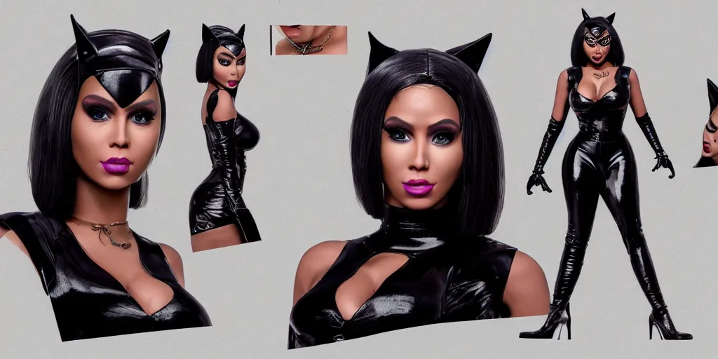 Image similar to portrait of nicki minaj as catwoman, character sheet, concept design, contrast, hot toys, kim jung gi, greg rutkowski, zabrocki, karlkka, jayison devadas, trending on artstation, 8 k, ultra wide angle, pincushion lens effect