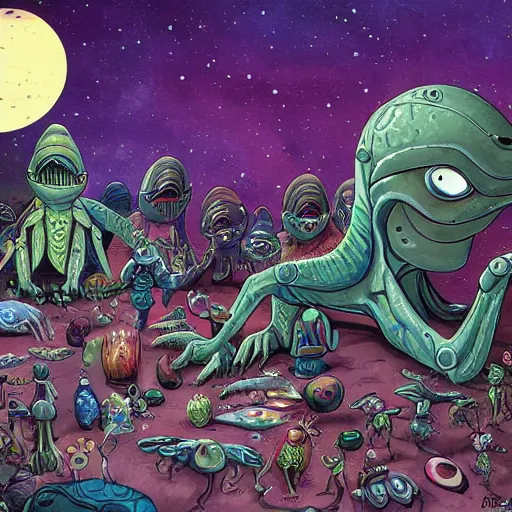 Prompt: crowded extraterrestrial bazaar on another planet, Jim Henson creature shop, highly detailed, illustration