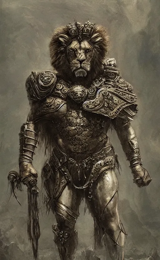 Image similar to hercules in lion ornamented armor, wearing cape, beksinski, hercules concept art, weta workshop concept art