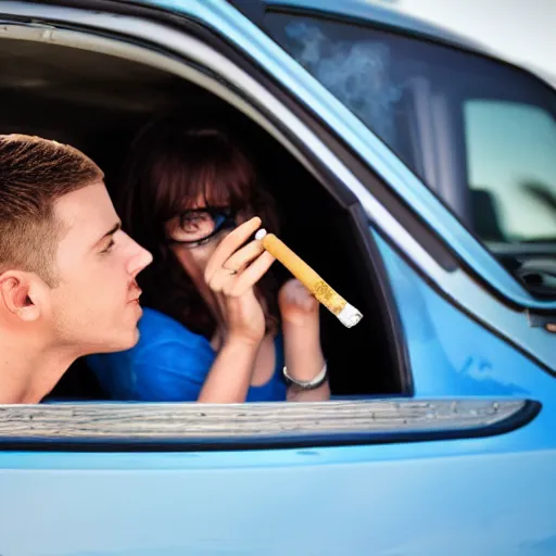 Image similar to a couple smoking a joint by the sea inside a blue BMW with a teenager in the backseat