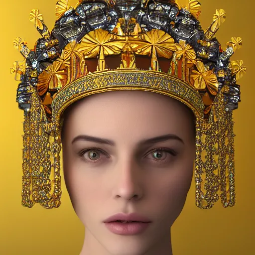 Image similar to a beautiful symmetrical face wearing a crown made of golden ornaments and gems by alex gray and android jones, 3D, 8k resolution