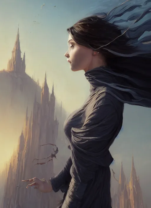 Prompt: very very detailed portrait of lady vin 8 7 7 8 1 from mistborn ascending to sky from behind, wearing black tight clothing, waving the shredded in strips cloak, medieval town landscape, detailed face, trending on artstation by greg rutkowski loish rhads ferdinand knab