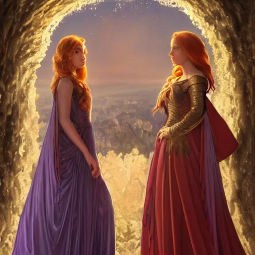 Prompt: a highly detailed byzantine painting of scarlett johansson and emma watson as red haired princesses walking through a waterfall in a gossamer purple dress, epic fantasy, stormy night, viewed in profile from far away, ultrawide lens, art by artgerm and greg rutkowski and alphonse mucha, volumetric lighting, 4 k resolution, trending on artstation, masterpiece