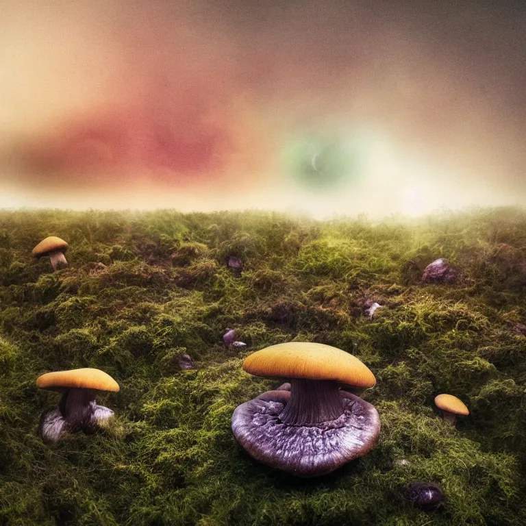 Image similar to a planet of various fungus, mushrooms and plants, inside the picture is infinity, sunset light, Atmospheric phenomenon, artistic photography, muted colors, conceptual, long exposure outside the city, volumetric light