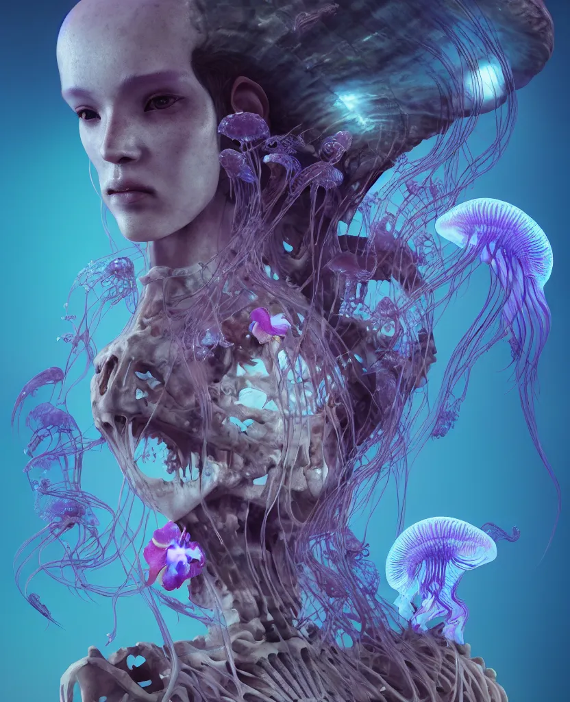 Image similar to goddess close-up portrait human skeleton, ram skull, jellyfish, orchid, betta fish, bioluminiscent, intricate artwork by Tooth Wu and wlop and beeple. octane render, trending on artstation, greg rutkowski very coherent symmetrical artwork. cinematic, hyper realism, high detail, octane render, 8k