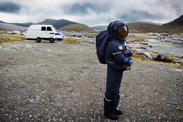 Prompt: tourist astronaut standing in the Isle of Harris, Scotland, a campervan in the background, 28 mm lens, photorealistic