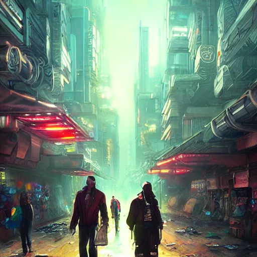 Image similar to cyberpunk city, street vendors, citizens, augmented cyborgs, robots, skyscapers, buildings, clouds, sunset, painted by seb mckinnon, high detail, digital art, trending on artstation