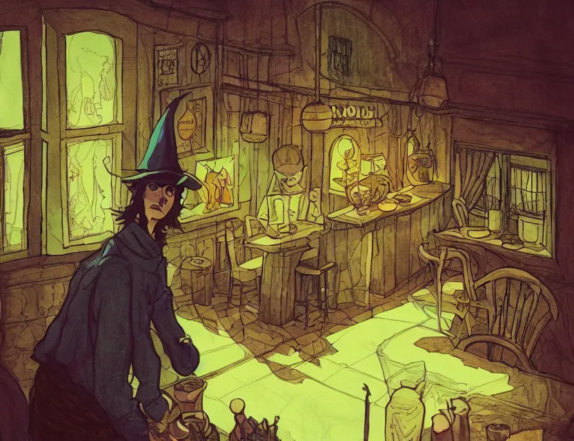 Prompt: witch boy in a suspicious cafe. complementary colors, copic markers, indie concept art, bloom, chiaroscuro, backlighting, intricate details.