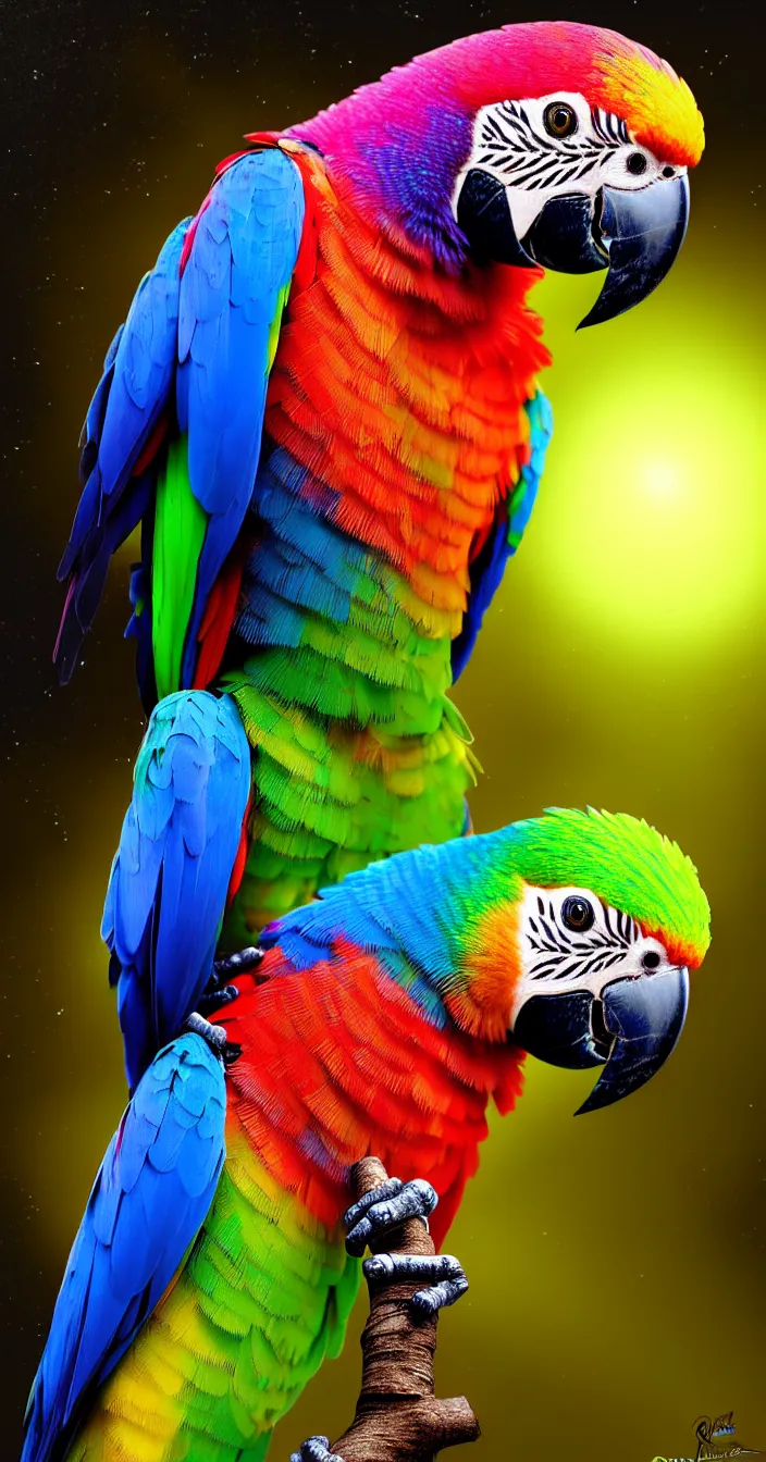 Prompt: realistic photo of colorful glowing parrot sitting on tree at dark night, very sharp focus, very hyper realistic, art of greg rutsowski, highly detailed, fantasy art station