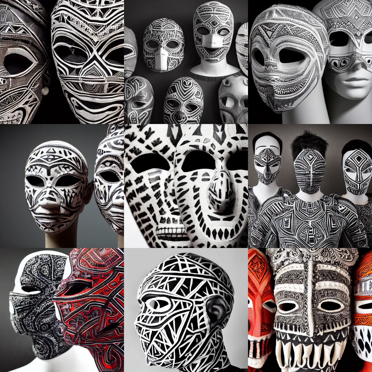 Prompt: close-up head to shoulder shot, monochromatic studio photo of thin wrestling masks on mannequin head display, realistic, artistic tribal patterns, insanely intricate details