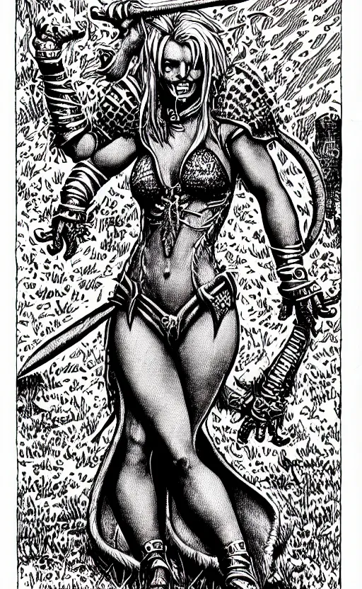 Image similar to britney spears as a d & d monster, full body, pen - and - ink illustration, etching, by russ nicholson, david a trampier, larry elmore, 1 9 8 1, hq scan, intricate details, inside stylized border