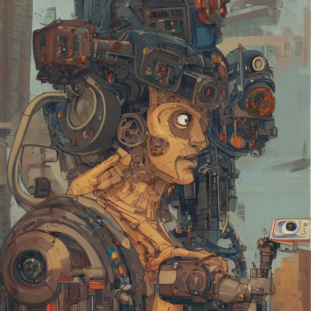 Image similar to robot artist painting a self - portrait on a canvas. intricate, highly detailed, digital matte painting, in the style of alexandros pyromallis, and in the style of sachin teng, and in the style of hans thoma, and in the style of masamune shirow. irony, recursion, inspiration.