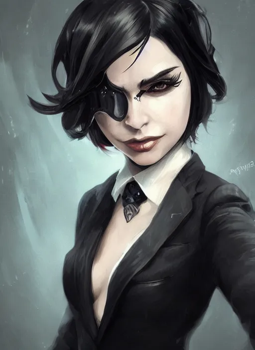 Prompt: a highly detailed illustration of beautiful short black messy haired woman wearing single eyepatch and noir style suit and tie, dramatic smiling pose, intricate, elegant, highly detailed, centered, digital painting, artstation, concept art, smooth, sharp focus, league of legends concept art, WLOP