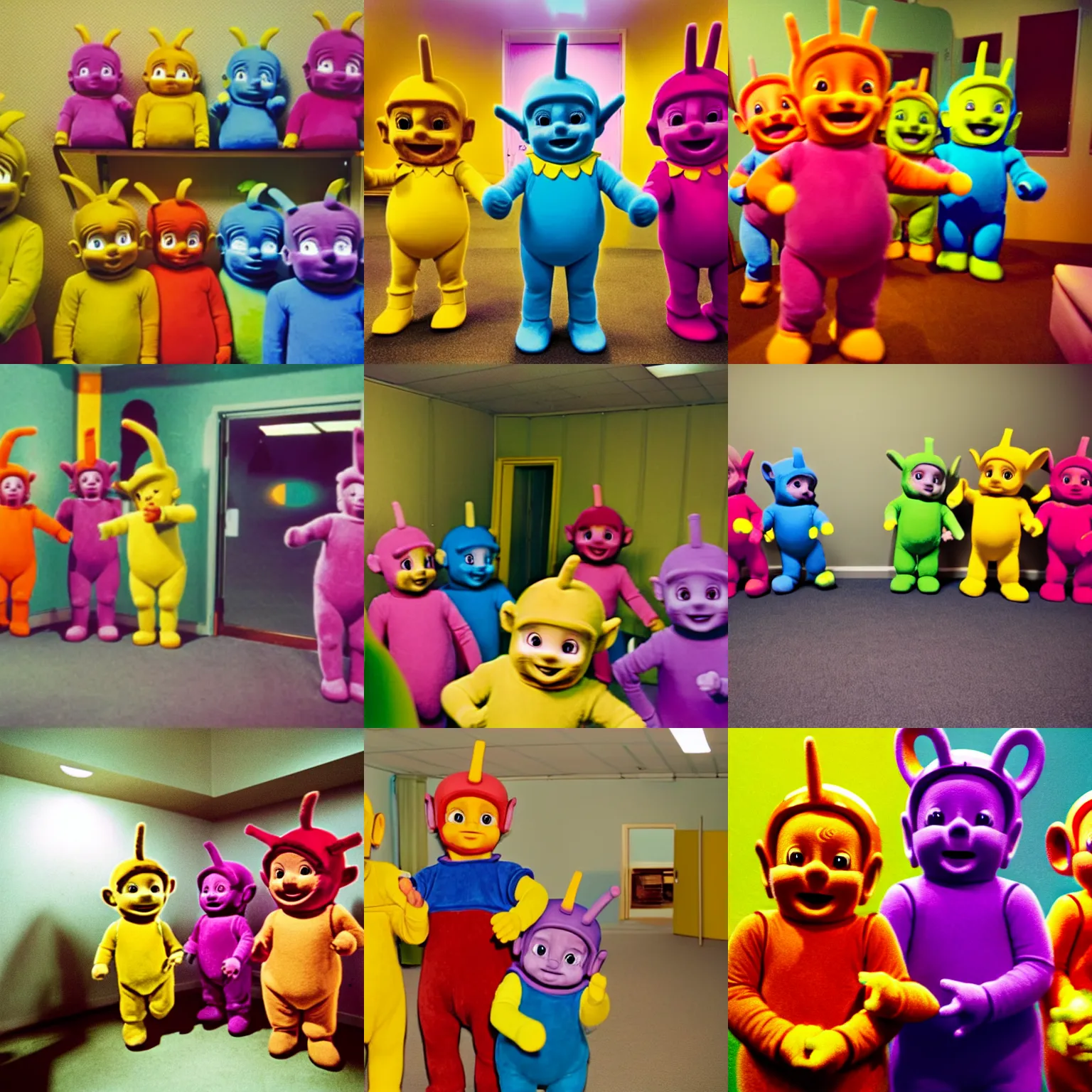 Prompt: colorful teletubbies in the backrooms, low key, liminal space, old camcorder