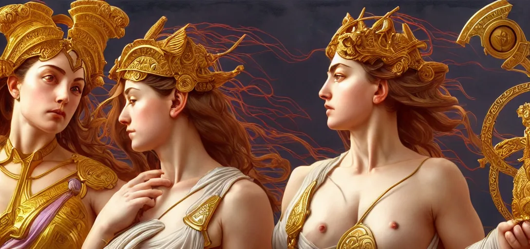 Prompt: symmetry!! intense fanart of 3 / 4 front pose of athena the goddess of war next to aphrodite the goddess of love, intricate, elegant, highly detailed, my rendition, digital painting, artstation, concept art, smooth, sharp focus, illustration, art by artgerm and greg rutkowski and alphonse mucha