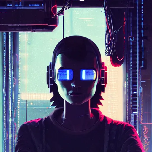 Image similar to shannyn sossamon as a cyberpunk cyber hacker, cybernetic implants, wires, cables, grunge grime, realistic shaded, fine details, realistic shaded lighting by occlusion shadow, intricate, bokeh, masterpiece, by ilya kuvshinov and jeremy lipking and quentin mabille