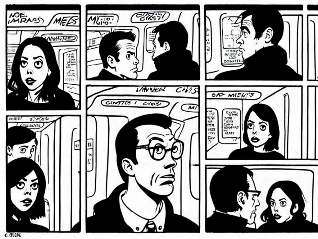 Image similar to a single comic panel by Daniel Clowes, 3/4 low angle view wide shot of two people sitting in an empty Chicago subway train, in front of windows: a sad Aubrey Plaza in a parka and a friendly Mads Mikkelsen in a suit