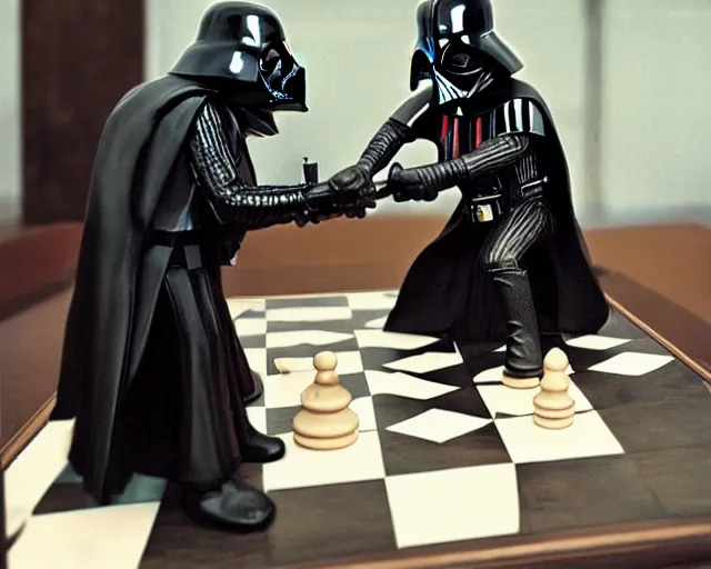 Prompt: darth vader playing chess with a witch