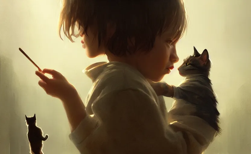 Prompt: painting of sad kid with a cat, hyper realistic t, natural light, concept art, by greg rutkowski, cozy atmospheric and cinematic lighting