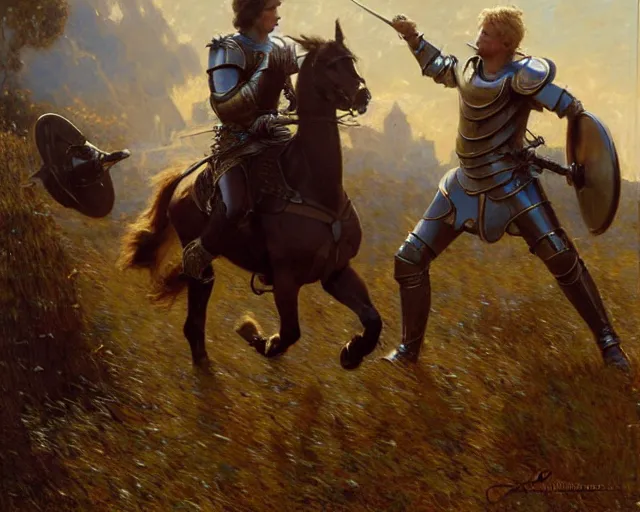 Image similar to attractive arthur pendragon and attractive lancelot, do some mock battle for training. highly detailed painting by gaston bussiere, craig mullins, j. c. leyendecker 8 k