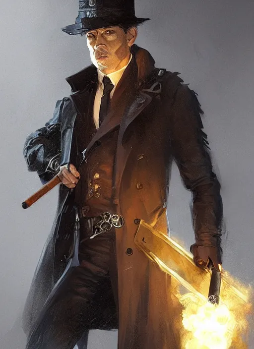 Image similar to portrait of a detective wearing trench coat and smoking puro, holding a sword, victorian, concept art, detailed face, fantasy, close up face, highly detailed, cinematic lighting, digital art painting by greg rutkowski