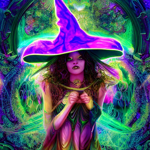 Image similar to psychadelic witch with a witch hat, hyper detailed, flowing psychadelic background intricate and detailed, digital art, baroque style, 8 k, octane render