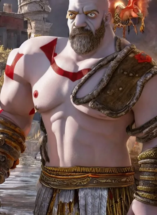 Image similar to painted white Homer Simpson depicted as Kratos God of War, high detailed official artwork