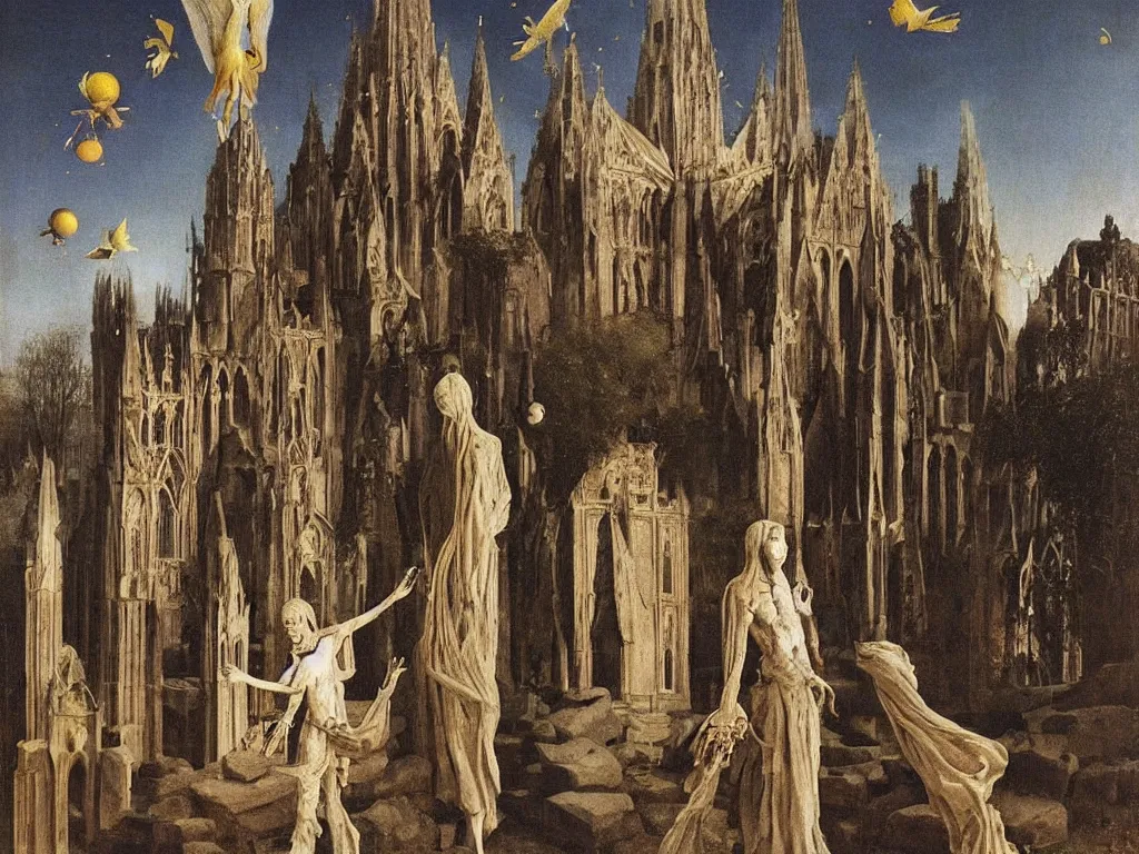 Image similar to albino mystic, with his back turned, looking in the distance at gothic cathedral in ruins, in the desert. Fireflies. Painting by Jan van Eyck, Audubon, Rene Magritte, Agnes Pelton, Max Ernst, Walton Ford