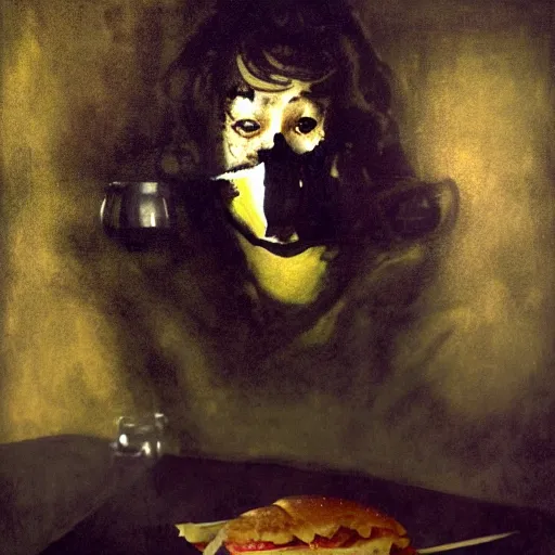 Prompt: mysterious portrait of sarah jesica parker emerging from the dark void eating burger, face partially melting like glitching out LSD effect, figure in the darkness of renaissance, serving big macs, Francisco Goya, painted by John Singer Sargant, Adrian Ghenie, style of Francis Bacon, highly detailed, 8k, trending on artstation