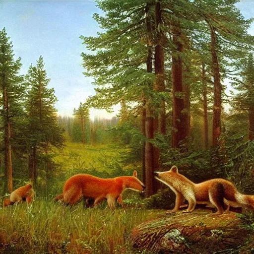 Image similar to shishkin's painting, morning in a pine forest. but instead of bears there are foxes. the picture is over - detailed. canvas, oil. what is a masterpiece.