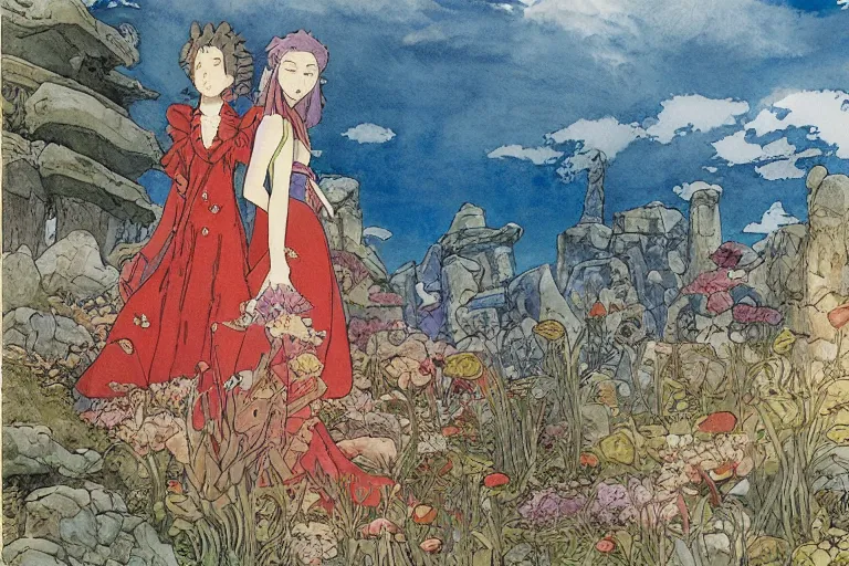 Image similar to a hyperrealist studio ghibli watercolor fantasy concept art. in the foreground is a lost princess in a red dress. in the background is stonehenge. the scene is underwater on the sea floor. by rebecca guay, michael kaluta, charles vess