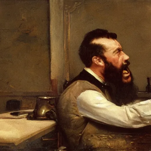 Image similar to an angry man yells at his computer monitor, oil on canvas, 1 8 8 3, highly detailed