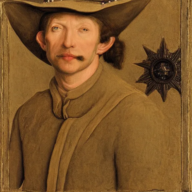 Prompt: 3/4 bust portrait of a shifty high fantasy elf sheriff wearing a cowboy hat and star badge by Jan van Eyck, 8k scan