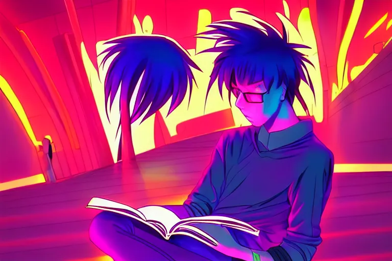 Image similar to an anime boy reading a book, neon, synthwave,