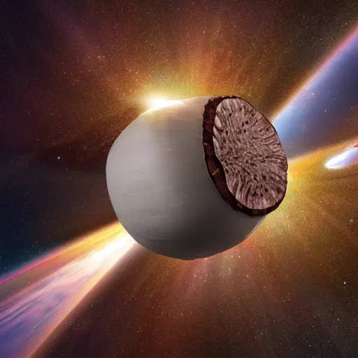 Image similar to an artist's rendering of a coconut satellite in space, a digital rendering by carl eugen keel, featured on cg society, space art, redshift, anamorphic lens flare, reimagined by industrial light and magic