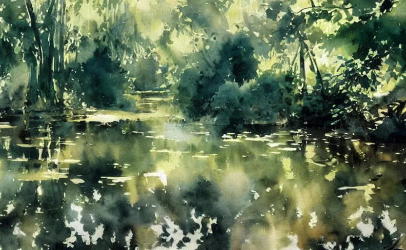 Image similar to watercolor lanscape by anders zorn, jungle nature, fruit trees, very very very very beautiful art, dramatic light, water reflections, aquarelle paint splashes and drips, drops