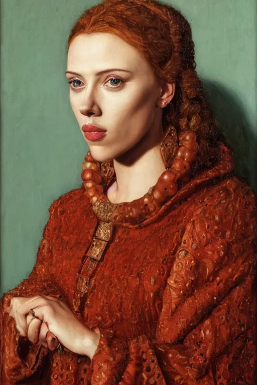 Image similar to portrait of scarlett johansson, oil painting by jan van eyck, northern renaissance art, oil on canvas, wet - on - wet technique, realistic, expressive emotions, intricate textures, illusionistic detail