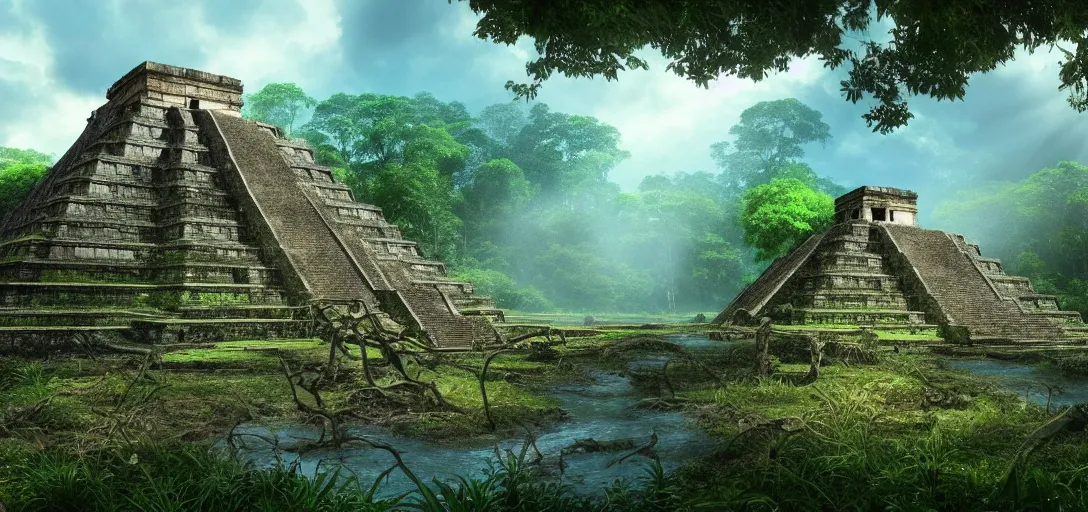 Prompt: dramatic view of an overgrown ruined ancient mayan temple next to river with caustics and dappled sunlight, vivid trees with winding branches, glowing colored fog, haze, unreal engine, dramatic lighting, detailed, ambient occlusion, global illumination, god rays, 3 d artstation render by noah bradley and jordan grimmer