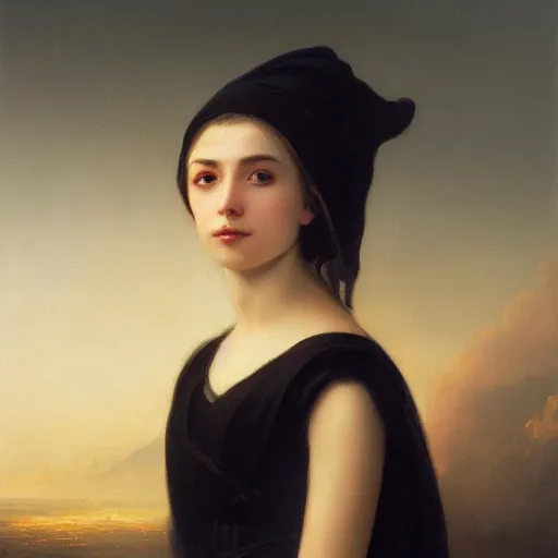 Image similar to portrait of a young women wearing a black cloak, the background is a burning city, highly detailed painting by aivazovski 8 k