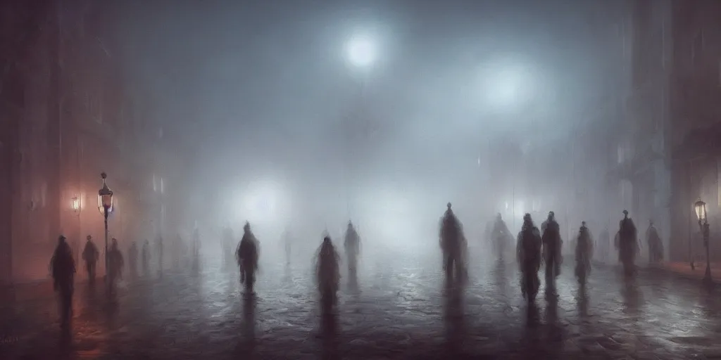 Image similar to a thick swirling fog obscuring a parade, soft lighting, night, unreal engine, digital art, 8 k, oil painting, fantasy art, illustration, detailed and intricate environment