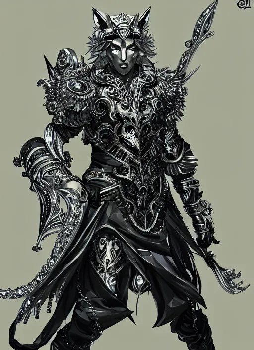 Image similar to Full body portrait of god with silver hair, half man half wolf, wearing ornate attire. In style of Yoji Shinkawa and Hyung-tae Kim, trending on ArtStation, dark fantasy, great composition, concept art, highly detailed, dynamic pose.