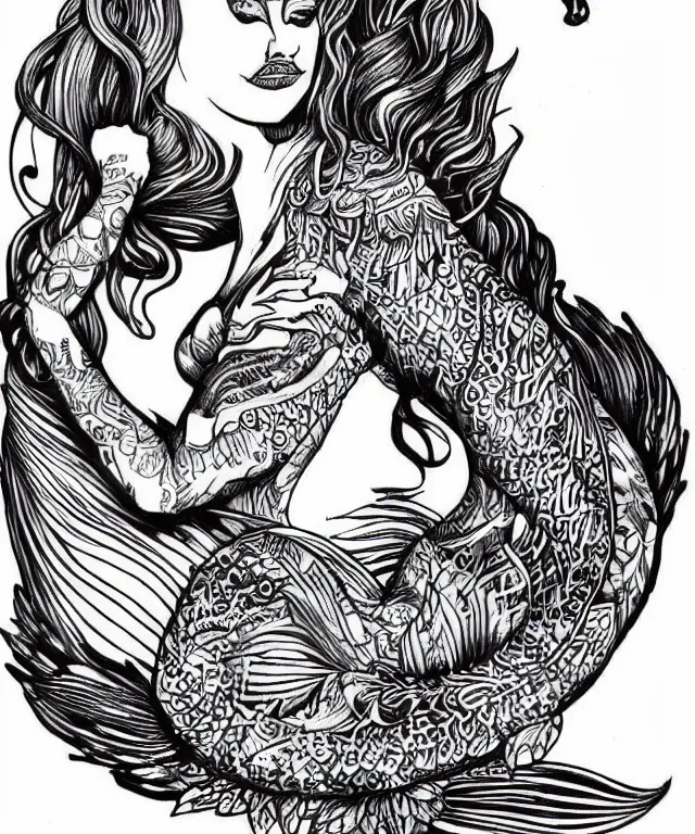 Image similar to tattoo design illustration, black ink on white paper, beautiful mermaid, full body