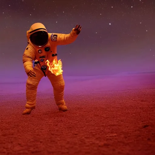 Image similar to an astronaut that’s on fire walking through a dystopian desert