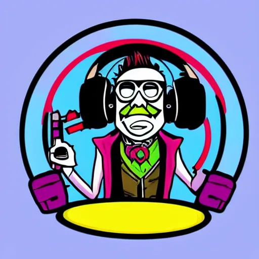 Image similar to svg vector sticker of absolutely insane-mad-scientist-villain, rocking out, wearing headphones, huge speakers, dancing, rave, DJ, spinning records, digital art, amazing composition, rule-of-thirds, award-winning, trending on artstation, featured on deviantart