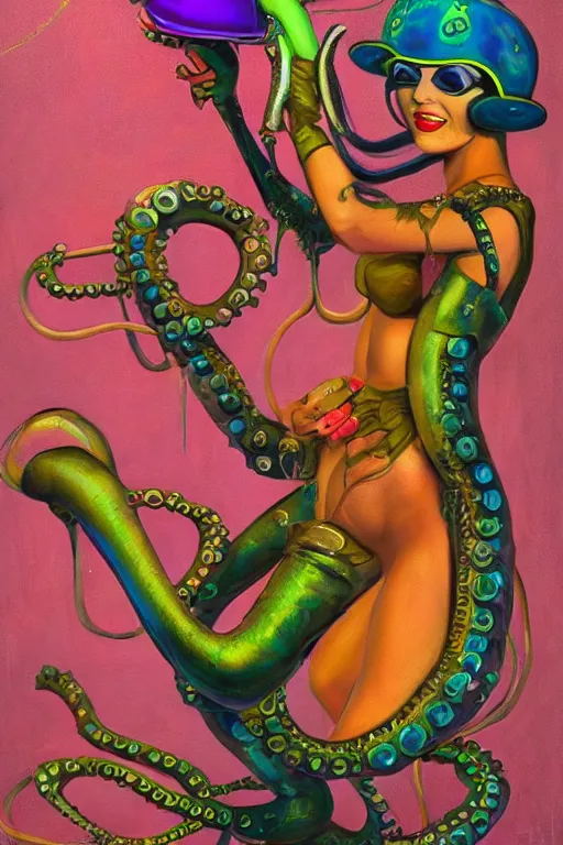 Prompt: !dream An anthropomorphic cephalopod go-go dancer, beautiful female, 1920s steampunk psychedelic rave aesthetic. In the style of Ralph Bakshi and Alain Aslan. Oil on canvas, detailed.
