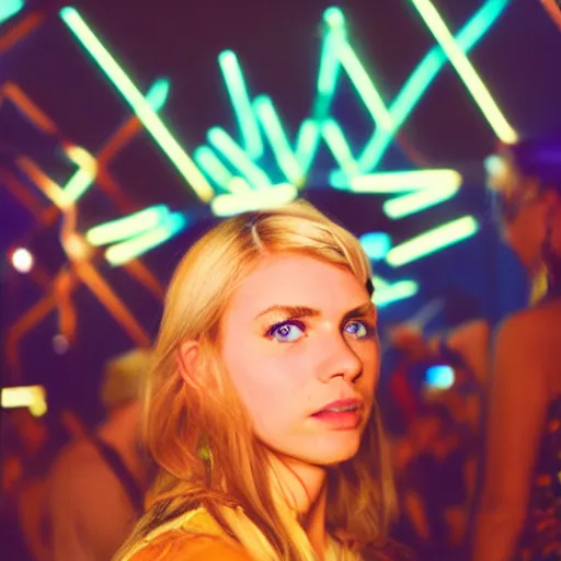 Image similar to A young, blonde-haired woman with soft facial features and blue eyes, 35mm photograph, neon lights in the background, DJing at coachella