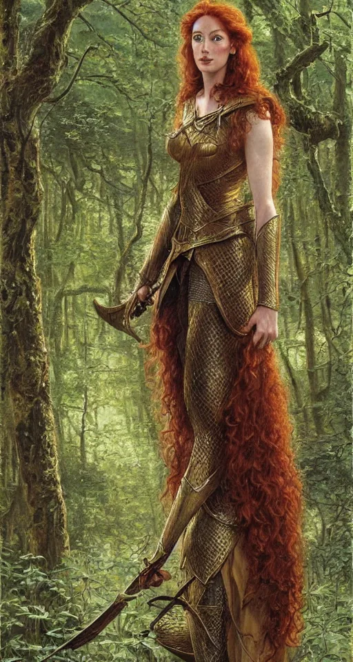 Image similar to Detailed painting of a curly redhead anne hathaway wearing elven armor in a forest landscape by Ted Nasmith