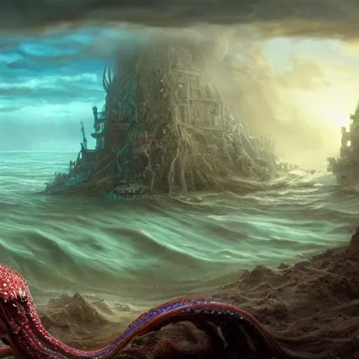 Prompt: A beautiful hyper realistic detailed matte painting of a octopus- and war-ravaged underwater city and a humongous red-glow-eyed whale battling between violent waves, by andreas rocha and john howe, and Martin Johnson Heade, featured on artstation, featured on behance, Atlantis, deep sea fish, wonderful, underwater landscape, golden ratio, ultrawide angle, f32, well composed, cohesive