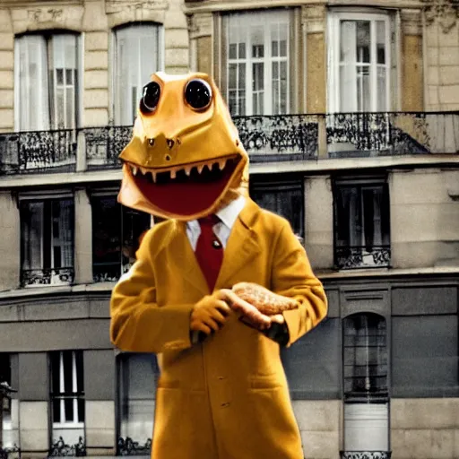 Image similar to a real photo by saul leiter of a small anthropomorphic dinosaur wearing a suit and standing in paris while holding a baguette